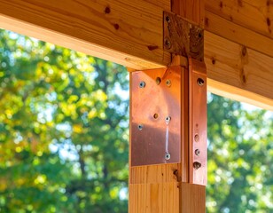 Wooden beams and copper support plates against blurred green trees