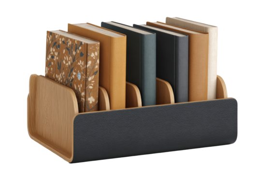 Stylish wooden book organizer with various colored books arranged neatly, ideal for home office or library decor, enhancing interior aesthetics and functionality.
