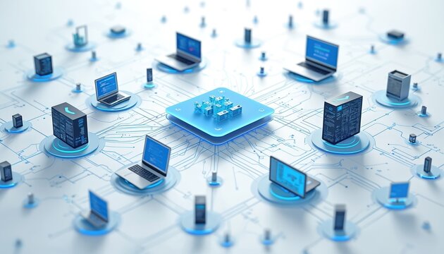 Digital illustration of interconnected devices and data flow. Modern tech design with laptops, servers connected in network. Cloud data visualization, digital transformation, data management concepts.