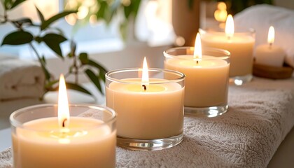 Lit candles in glass holders sit on a white towel, with plants and a blurred background suggesting relaxation