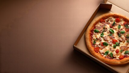Pizza in open cardboard box on brown background top view banner with copy space for food delivery design