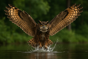 Obraz premium a powerful great horned owl with wide-spread wings and sharp talons takes off from a serene body of water, creating a splash
