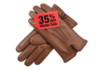 Brown leather gloves with 35 off winter sale tag isolated on transparent background