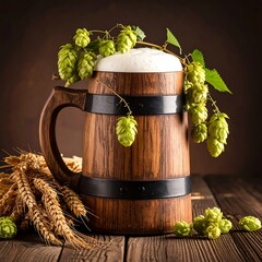 Wooden beer mug filled with frothy light beer, adorned with hops and wheat