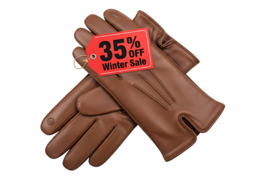 Brown leather gloves with 35 off winter sale tag isolated on transparent background