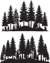 Dense pine tree silhouette, evergreen forest vector, black fir woodland shape, winter nature background, outdoor conifer tree clipart, landscape illustration