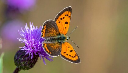 Obraz premium Small Copper butterfly with orange and black wings on a purple thistle flower.