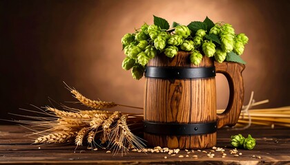 Wooden beer mug with hops and wheat (1)