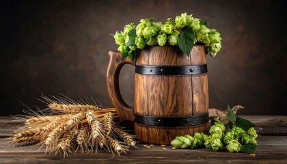 Wooden beer mug with hops and barley