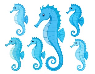 Fototapeta premium Charming seahorse cartoon collection, aquatic sea creatures in blue tones