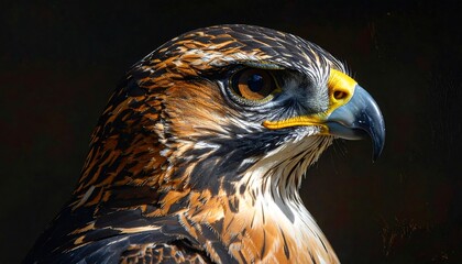 Close-up portrait of an eagle showcasing intricate feather detail and sharp beak