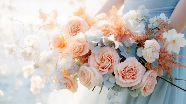 Beautiful floral bouquet at an outdoor wedding celebration by the seaside during a sunny afternoon