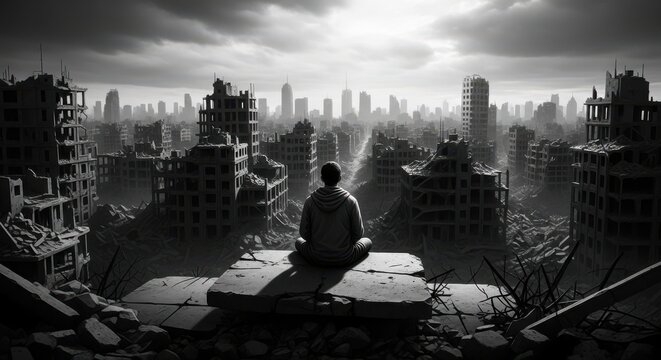 Solitude Amidst Urban Devastation A Contemplative Figure Surveys the Ruined Cityscape