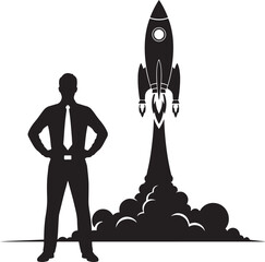 Obraz premium Silhouette of a businessman standing confidently next to a launching rocket ship success