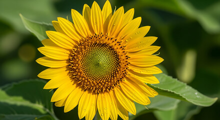 Obraz premium A vibrant yellow sunflower in full bloom with a detailed center and green leaves in the background.