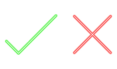 Neon Check Mark and Cross Symbols in Glowing Light – Futuristic Approval and Cancel Icons © NatureLover