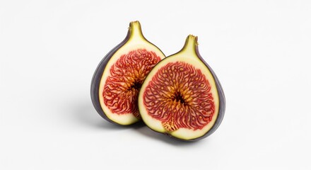 Two halves of ripe and juicy fig fruit lie next to each other on a white background showing its delicious texture and vibrant colors creating a natural and appealing still life photography .
