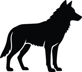 Minimal vector silhouette, standing wolf alert ears up, tail down, side profile, solid black