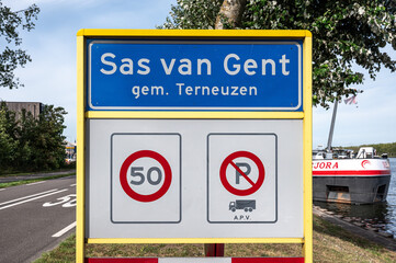The Dutch Belgian frontier at the canal Ghent Terneuzen in Sas Van Gent, Zeeland Province, The...