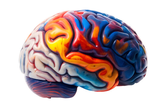 Human brain model with bright yellow and red painted texture mind cognition isolated on a transparent background - Powered by Adobe