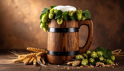 Wooden beer mug with hops and wheat