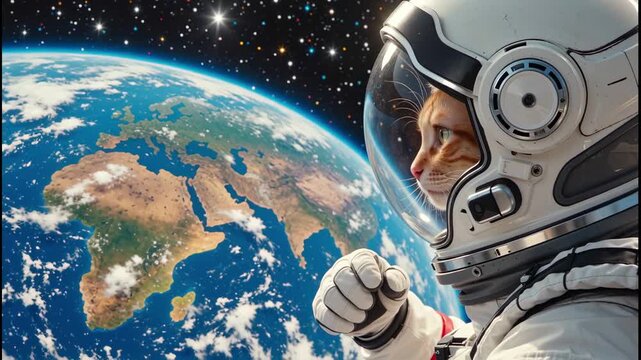 a cat in a spacesuit against the backdrop of the Earth