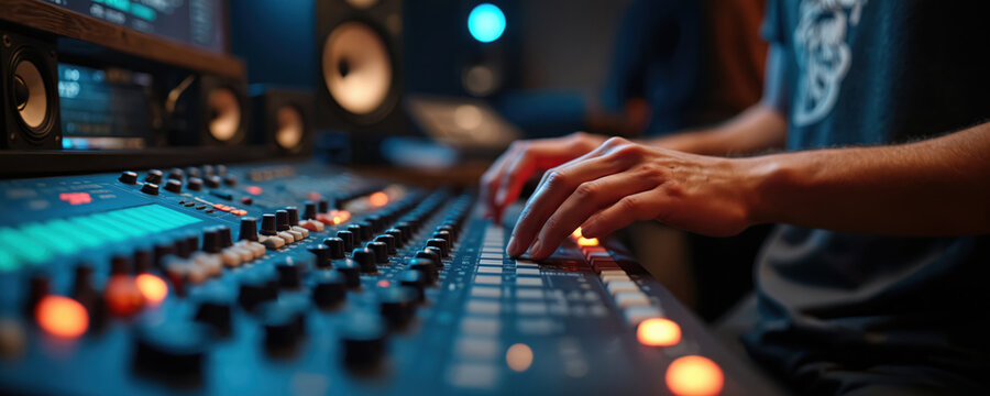 Producer hands work on digital audio mixing console in music studio. Close-up of sound engineer creating beats, mixing track. Modern music production technology, DJ equipment for live performance.