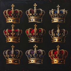 Nine detailed crowns, in a grid pattern on a dark background.  Each crown has a different color velvet band