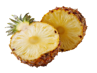 Two halves of a pineapple, cut lengthwise, displaying the sweet, yellow flesh and intricate, brown-toned rind.  Green crown atop one half