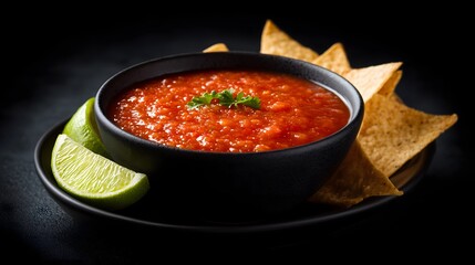 Vibrant red salsa roja in a black bowl on dark background with fresh herbs and bold flavor styling