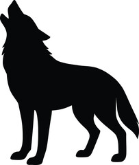 Minimal vector silhouette, standing wolf howling head back, side view, solid black
