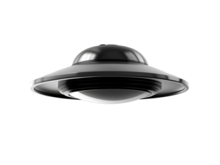 Metallic flying saucer with illuminated underside on background alien spacecraft isolated on a transparent background