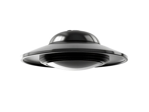 Metallic flying saucer with illuminated underside on background alien spacecraft isolated on a transparent background