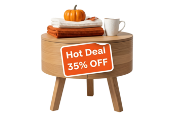 A cozy fall scene with a 35 off hot deal sign on a wooden table, isolated on transparent background