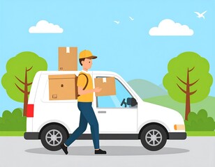 Delivery person carrying boxes to a van