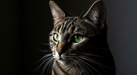 A dramatic close-up portrait of a tabby cat with striking green eyes, with one side of its face illuminated against a dark, shadowy background.