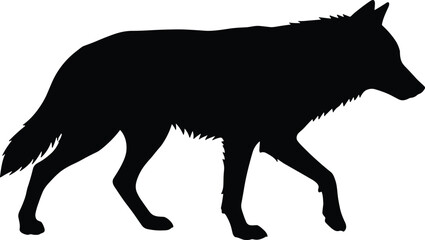 Minimal vector silhouette, walking wolf head slightly lowered mid-step, side view, solid black