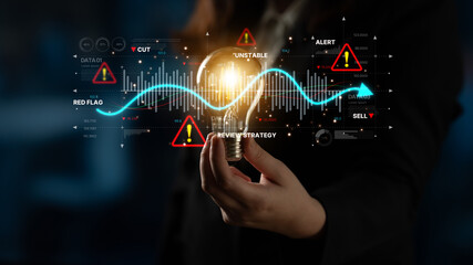 Economic caution visual showing risk alerts and financial volatility. Warning signs highlight economic downturn, market risk, finance crisis, and uncertainty in data-driven analysis. Spline