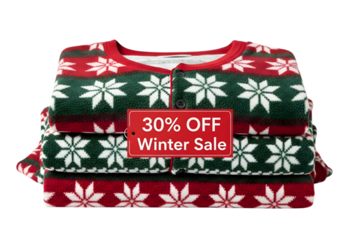 Stack of cozy winter pajamas with a snowflake pattern isolated on transparent background with a 30 off sale tag - Powered by Adobe