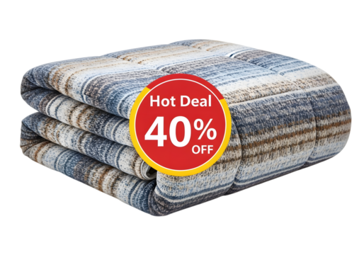 Folded blanket with a striped pattern isolated on transparent background with a 40 off hot deal tag - Powered by Adobe