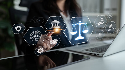 Futuristic digital law interface displaying justice scale, highlighting digital law, AI compliance,...