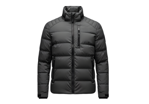 Stylish gray puffer jacket isolated on transparent background is perfect for cold weather