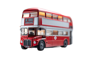 Red double-decker bus model, side view.  Classic, detailed design,  with lighted windows and  cream/white upper deck.  Sharp focus, black background