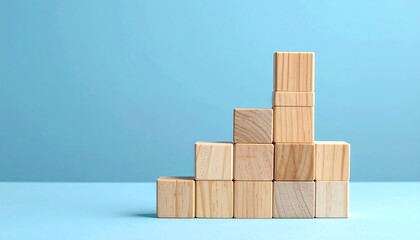 Wooden blocks stacked in a stair-step pattern against a light blue background