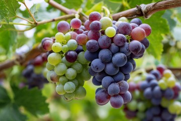 A cluster of grapes displays a variety of colors from green to red to purple on a vine with green leaves