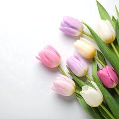 Pastel tulips arranged on white background