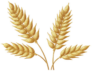 Golden wheat sprigs against black background.  Detailed illustration