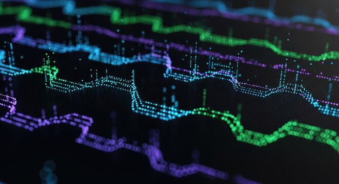 Abstract data visualization with colorful lines and dots on black background. - Powered by Adobe