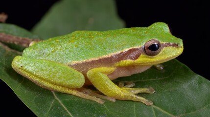 Obraz premium A green tree frog sits on a large leaf its body facing right