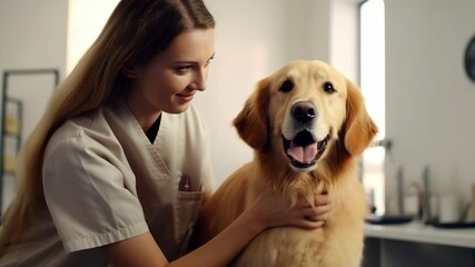 Care and affection during a pet wellness check at the veterinary clinic with a golden retriever
